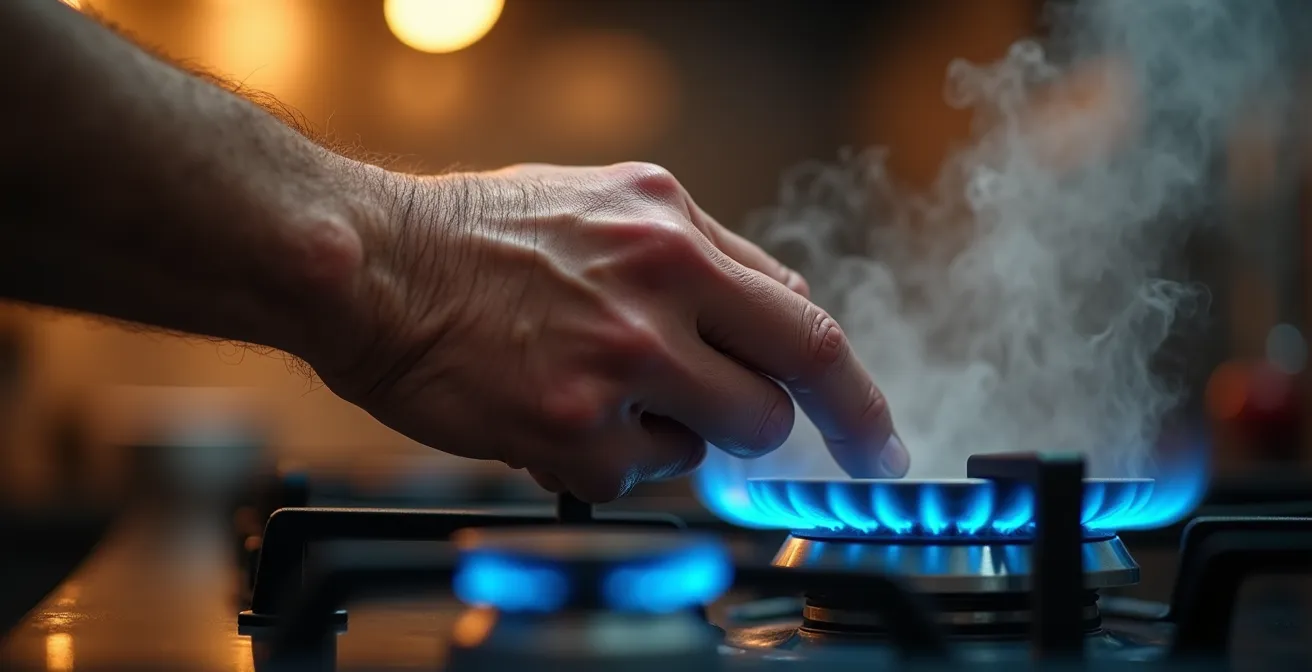 Main de chef professionnel réglant avec précision la flamme bleue du gaz propane
