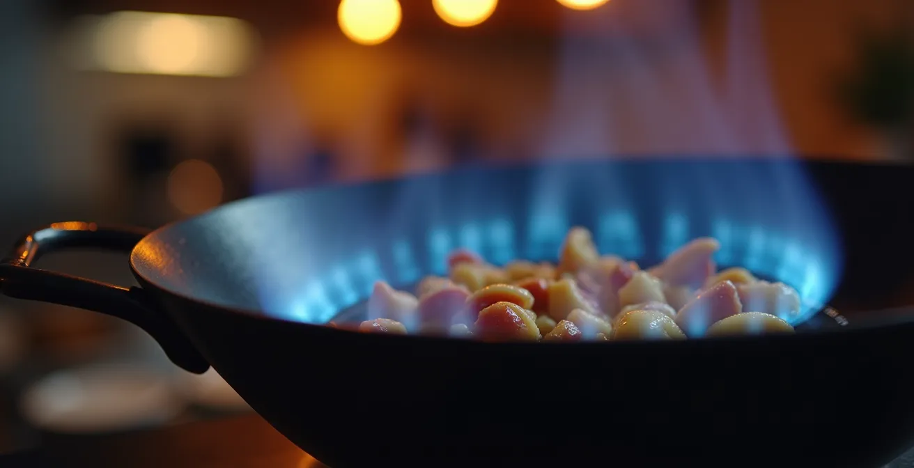 Gros plan sur une flamme bleue intense de propane sous un wok professionnel en action
