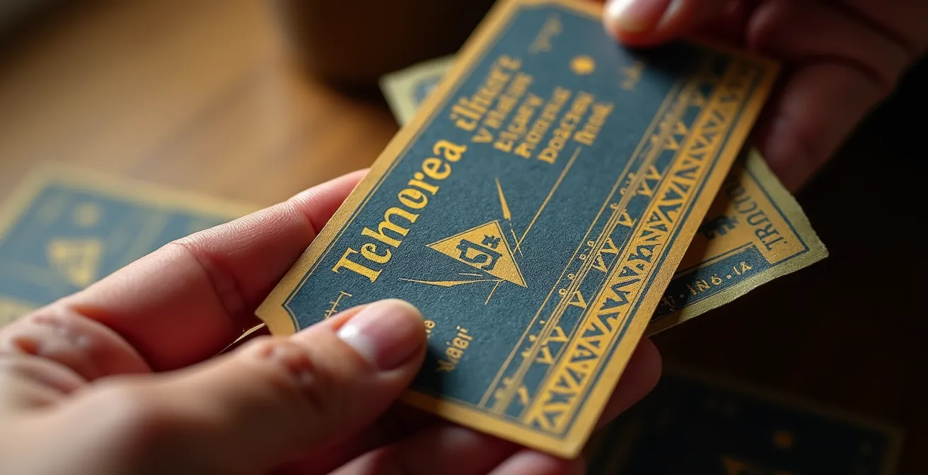 Gros plan sur des mains comparant différents tickets de train avec motifs abstraits