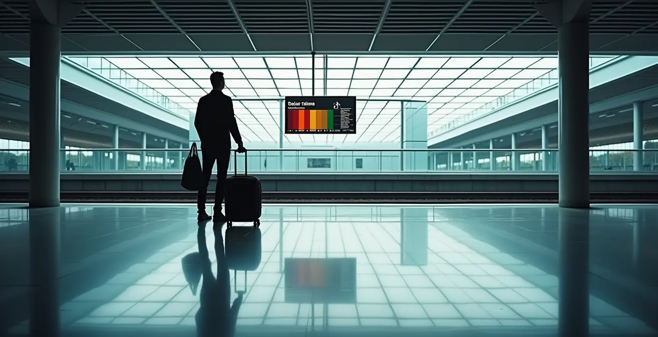 Voyageur pensif sur un quai de gare avec architecture japonaise moderne