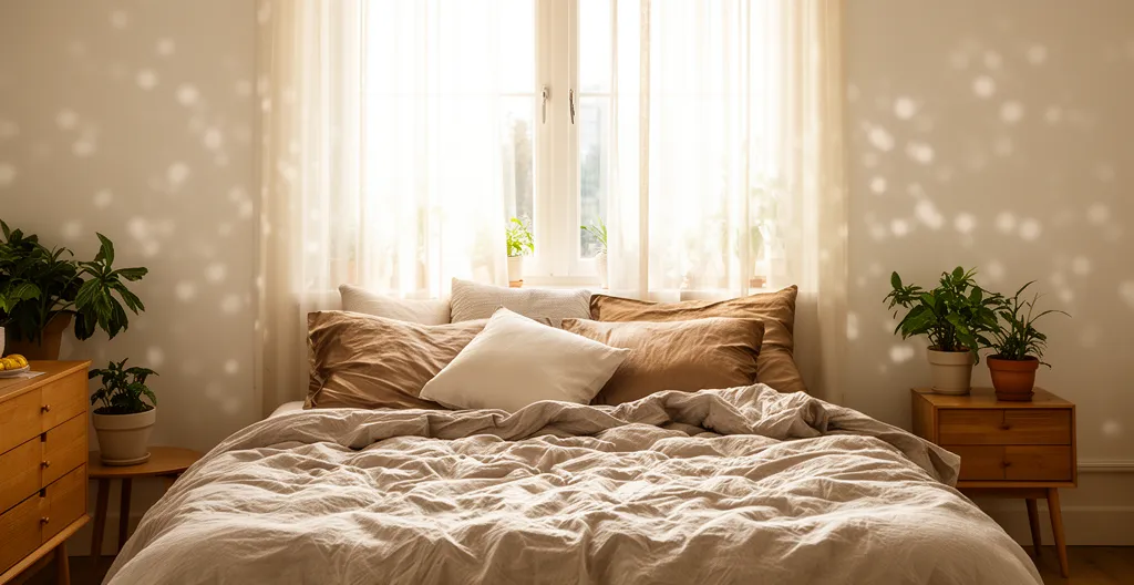 Chambre lumineuse avec lit aux draps froissés naturellement, lumière du matin filtrant par la fenêtre