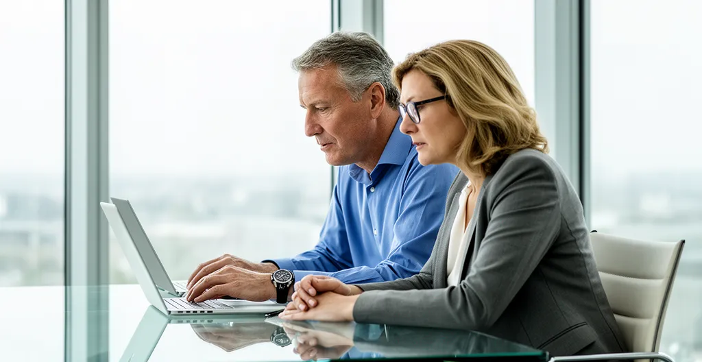Deux professionnels regardant ensemble un écran d'ordinateur portable dans une salle de réunion