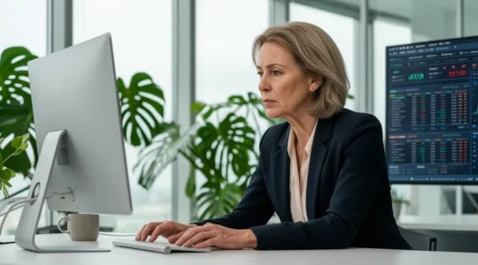 Directrice financière consultant un tableau de bord sur grand écran dans un bureau lumineux