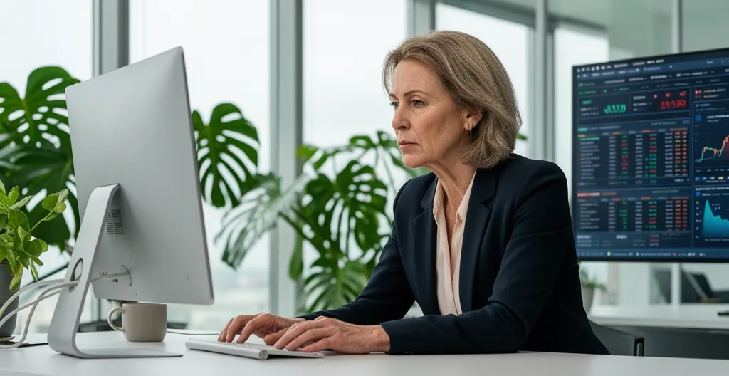 Directrice financière consultant un tableau de bord sur grand écran dans un bureau lumineux