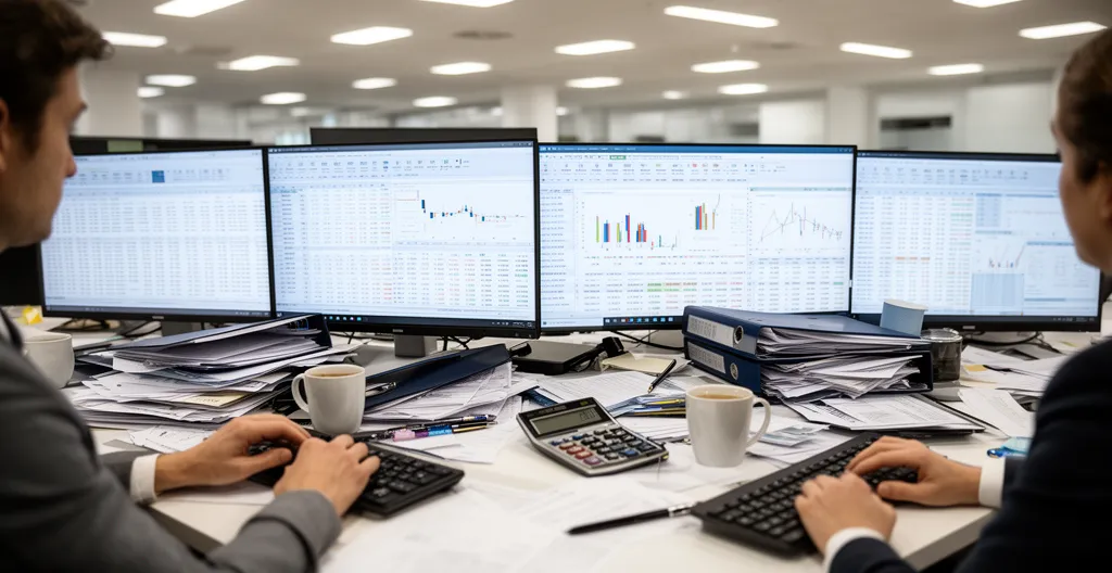 Deux personnes travaillant sur ordinateurs avec écrans multiples dans un open space