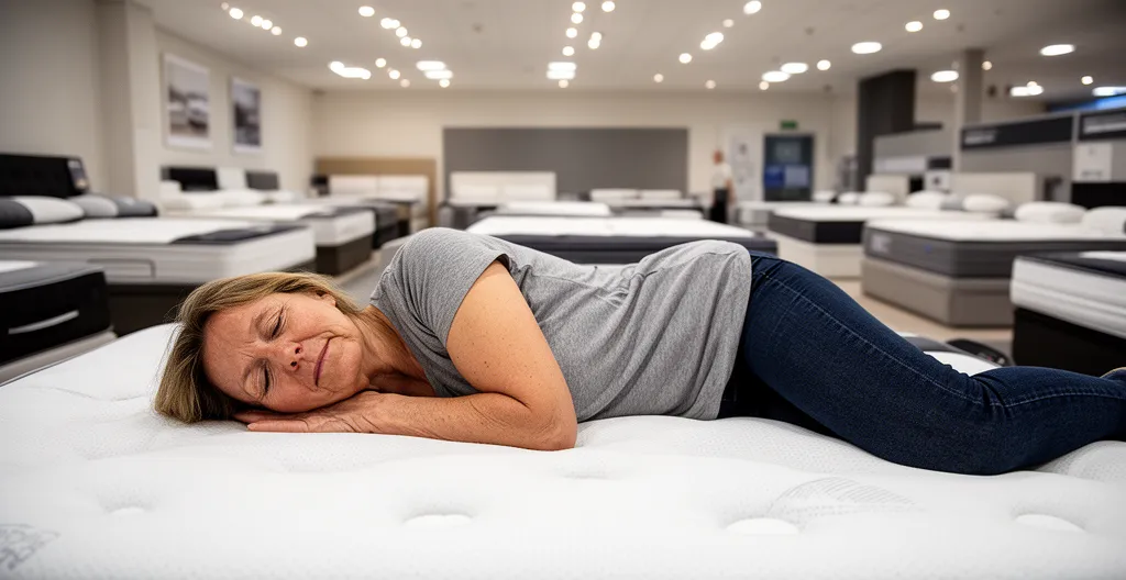 Femme allongée sur le côté testant un matelas en showroom literie