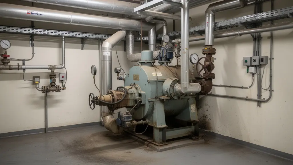 Ancienne chaudière fioul dans local technique professionnel nécessitant remplacement