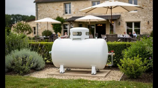 Citerne gaz propane blanche installée près d'un restaurant en zone rurale française