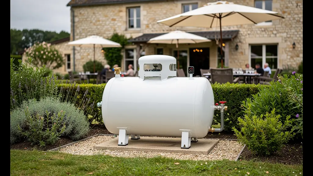 Citerne gaz propane blanche installée près d'un restaurant en zone rurale française