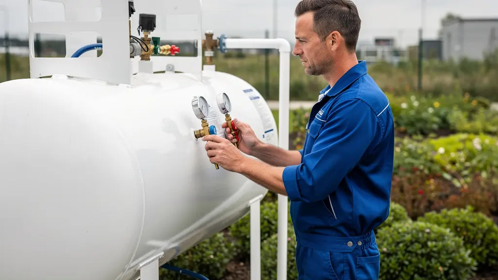 Technicien vérifiant jauge citerne propane lors contrôle périodique