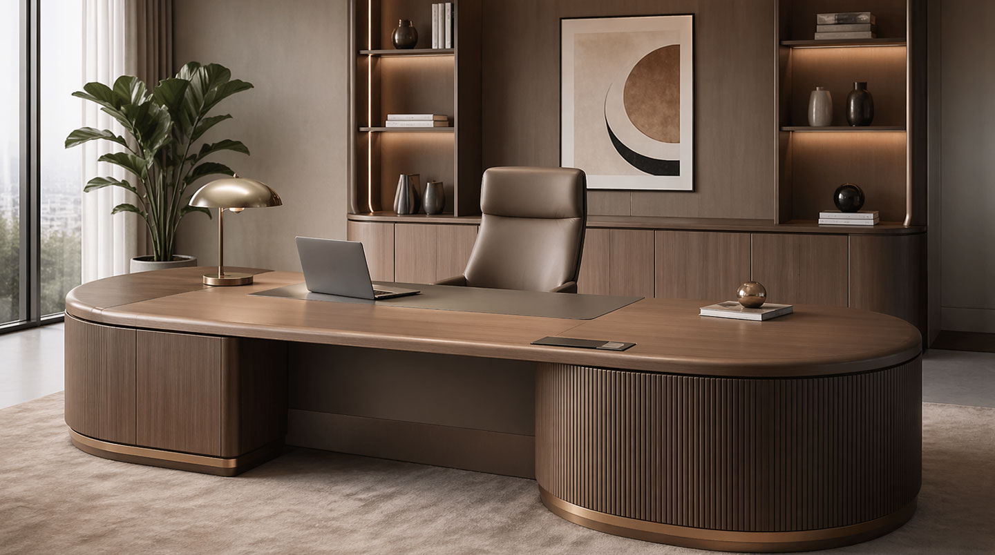Gros plan d'une main posée sur le bord d'un plateau de bureau en bois clair révélant la texture naturelle du grain