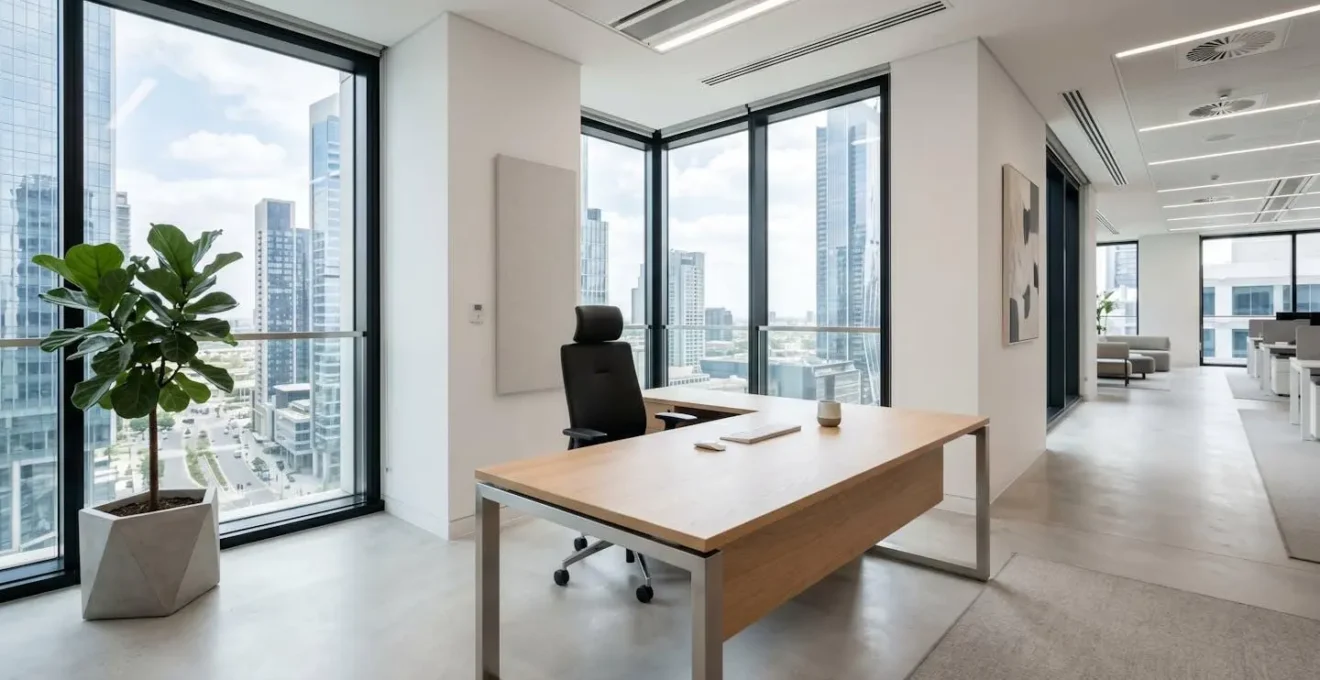 Bureau de direction d'angle vide avec plateau en bois clair et piètement métal dans un bureau contemporain lumineux avec grandes fenêtres