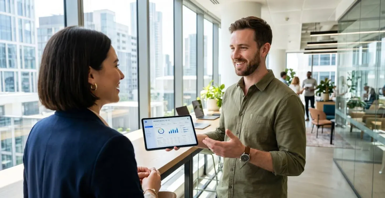 Deux collègues en tenue business casual échangent debout dans un open space lumineux, l'un tenant une tablette, l'autre gestuant naturellement