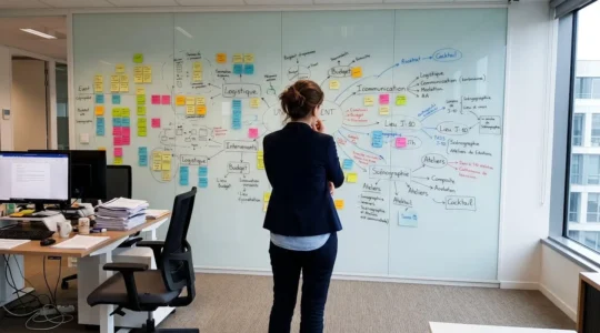 Deux collègues en tenue business casual échangent debout dans un open space lumineux, l'un tenant une tablette, l'autre gestuant naturellement