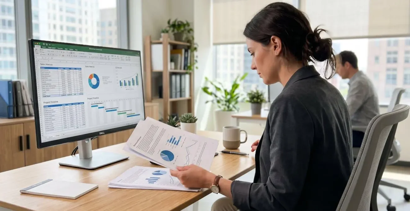 Un dirigeant assis à son bureau moderne en bois clair, vu de trois-quarts arrière, consultant des documents dans un bureau lumineux