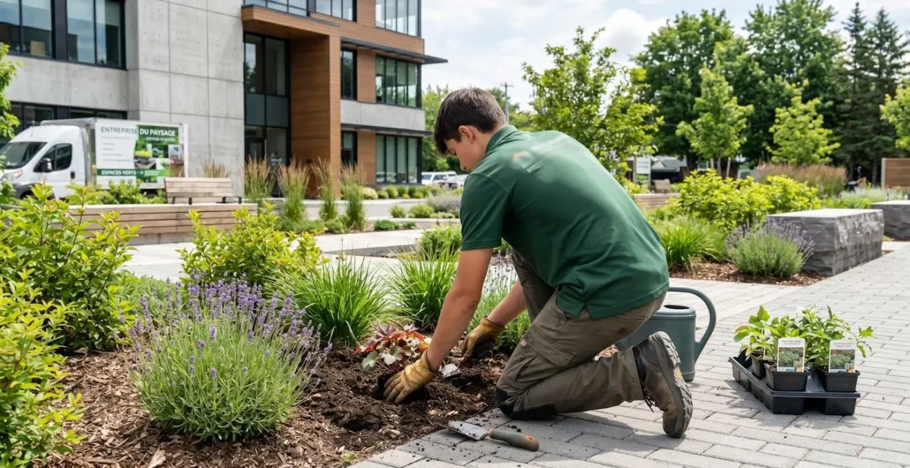 Un adolescent vu de dos en train de planter des végétaux dans un chantier d'aménagement paysager lors d'un stage professionnel