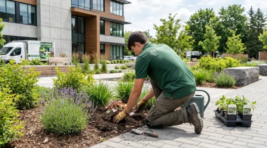Un adolescent vu de dos en train de planter des végétaux dans un chantier d'aménagement paysager lors d'un stage professionnel