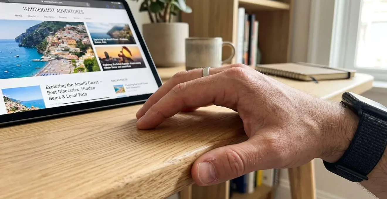Gros plan d'une main posée sur le bord d'un plateau de bureau en bois clair révélant la texture naturelle du grain