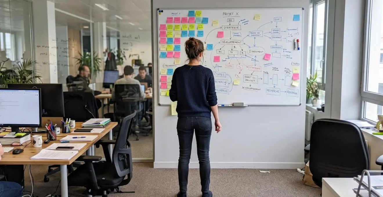 Gros plan sur des mains annotant un planning papier avec un stylo, lumière naturelle latérale, arrière-plan flouté d'un bureau moderne