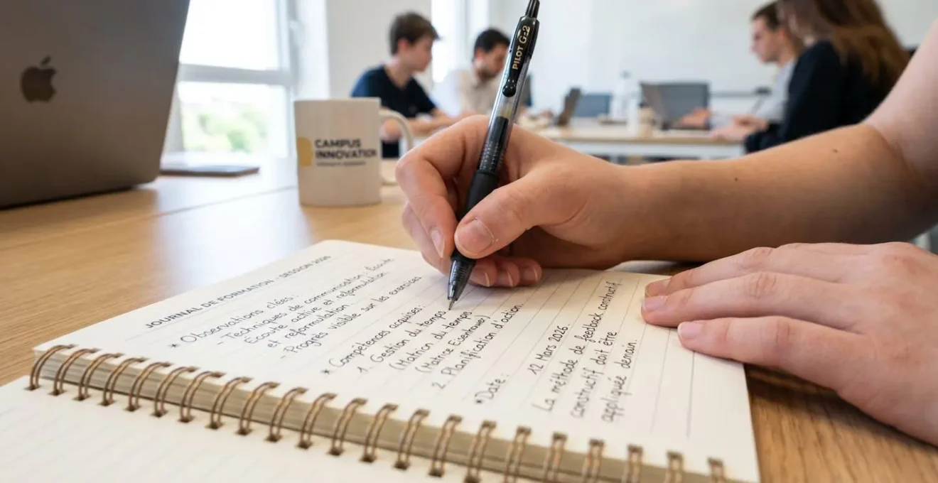 Gros plan sur les mains d'un jeune en train d'écrire des annotations dans un carnet de stage posé sur une table