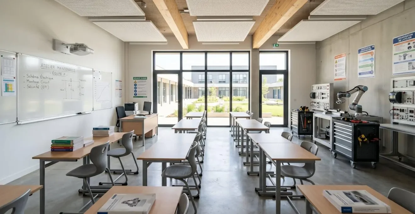 Salle de classe d'un établissement de formation en alternance vide avec tables de travail, tableau blanc et grande fenêtre laissant entrer la lumière naturelle