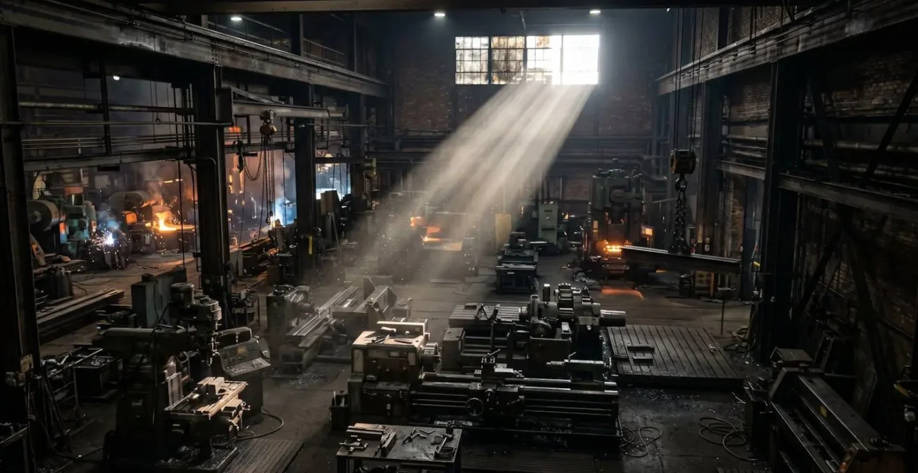 Vue en plongée d'un atelier industriel avec des particules de poussière visibles en suspension dans un rayon de lumière industrielle, machines en fonctionnement