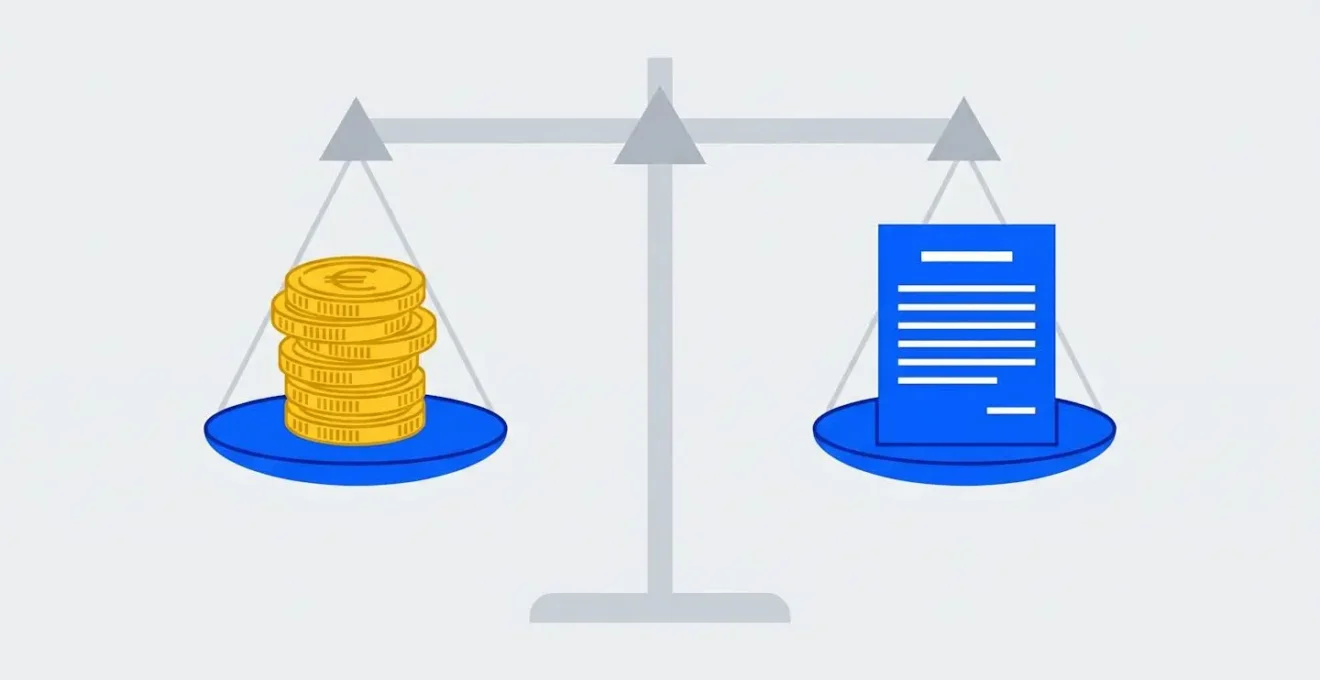Balance en équilibre avec pièces de monnaie d'un côté et contrat d'assurance stylisé de l'autre illustrant le rapport qualité-prix