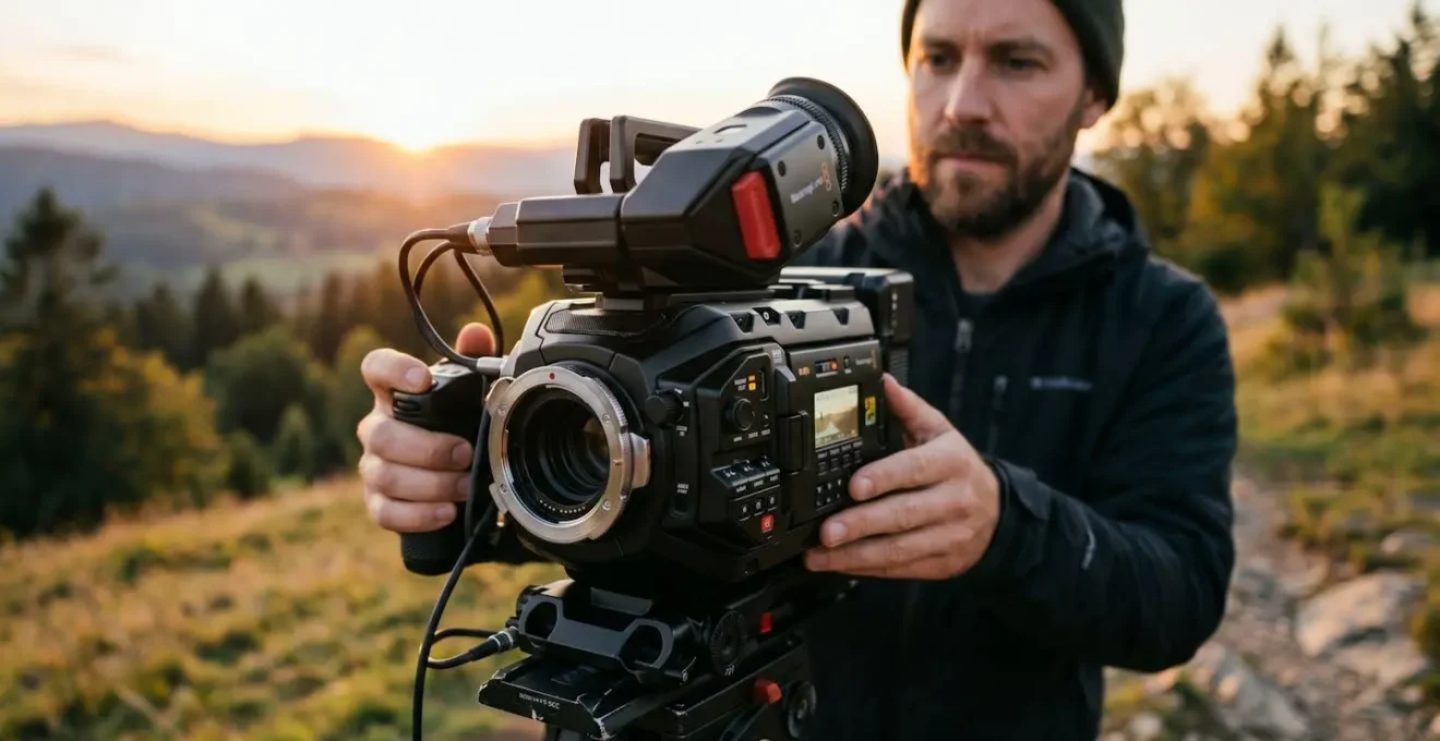 Caméraman tenant un caméscope professionnel en extérieur avec lumière naturelle dorée