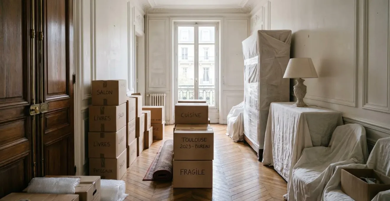 Couloir d'appartement avec cartons empilés et meubles couverts de housses blanches en attente de déménagement