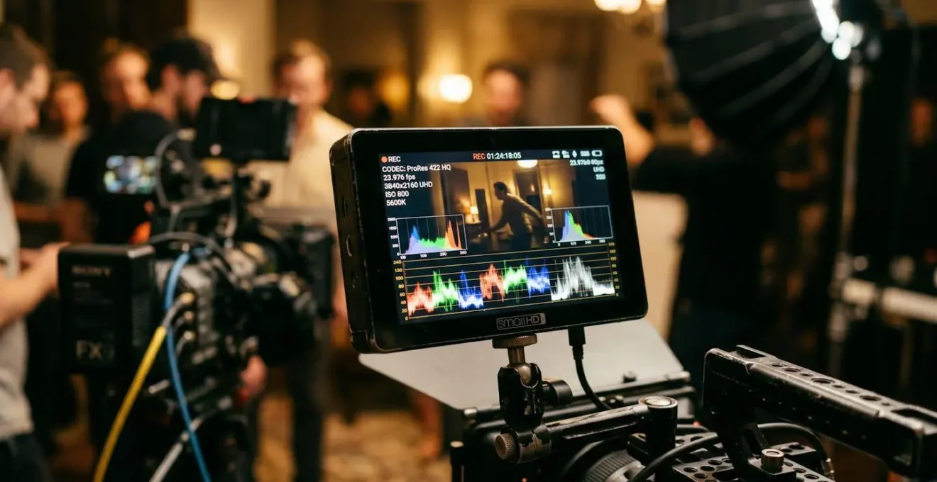 Gros plan sur un écran de monitoring vidéo professionnel affichant des données de codec et de débit