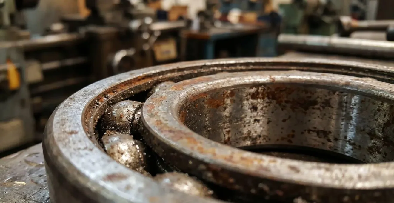 Gros plan sur un roulement industriel présentant des traces de corrosion et d'encrassement avec des dépôts de poussière métallique autour des bagues