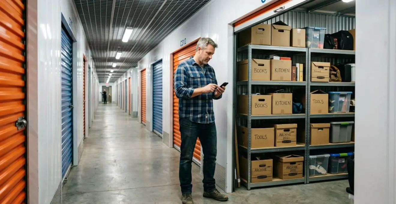 Un professionnel consulte son téléphone devant un box de stockage ouvert contenant du matériel rangé sur des étagères métalliques