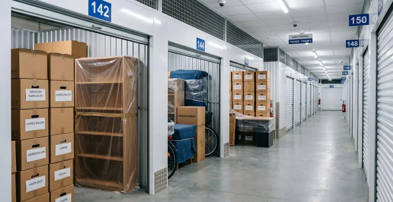 Intérieur d'un box de self-stockage bien organisé avec des cartons étiquetés, des meubles protégés par des housses et une allée dégagée