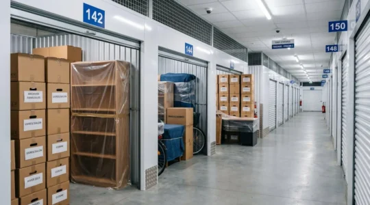 Intérieur d'un box de self-stockage bien organisé avec des cartons étiquetés, des meubles protégés par des housses et une allée dégagée
