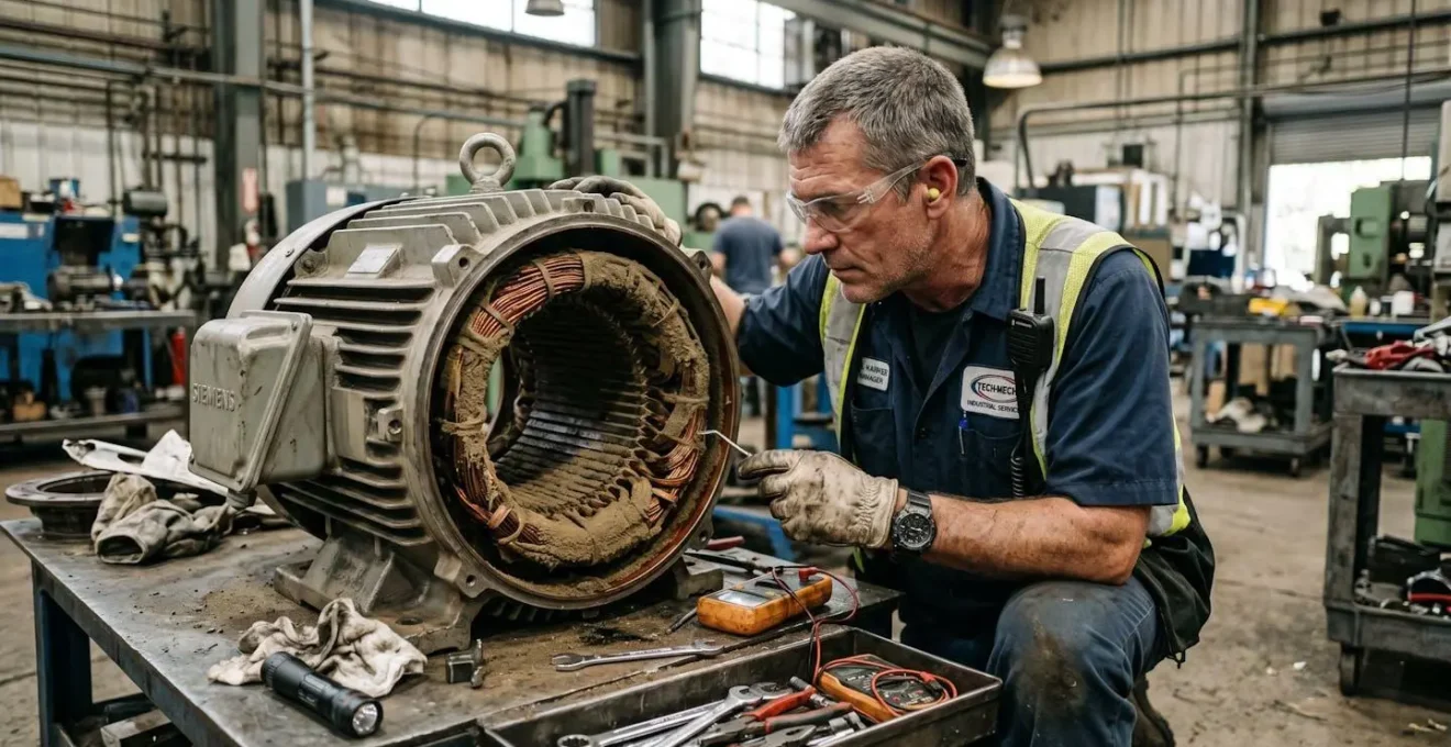 Responsable maintenance industriel inspectant un moteur électrique ouvert dans un atelier, avec des traces visibles de dépôt de poussière sur les bobinages