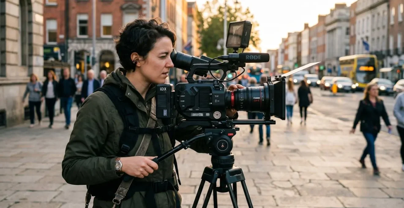 Vidéaste préparant son caméscope professionnel sur un tournage en extérieur urbain