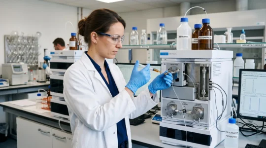 Technicien de laboratoire injectant un échantillon de CBD dans un système de chromatographie liquide haute performance