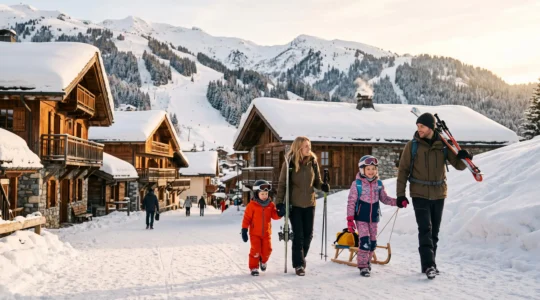 Une famille avec deux enfants marche à pied dans la rue piétonne enneigée du village de Valmorel, skis et luge en main, avec les pistes en arrière-plan.
