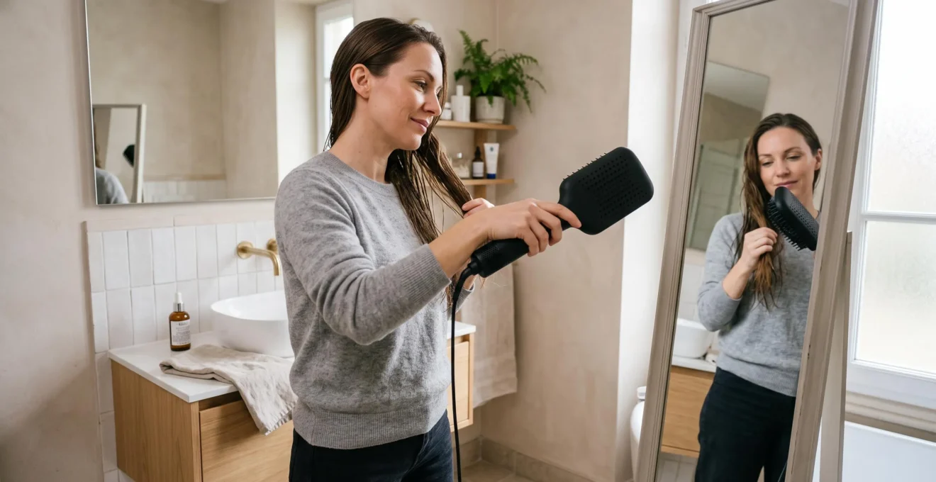 Une femme lisse ses cheveux avec un lisseur sèche-cheveux 2-en-1 devant son miroir de salle de bains.