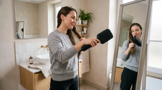Une femme lisse ses cheveux avec un lisseur sèche-cheveux 2-en-1 devant son miroir de salle de bains.