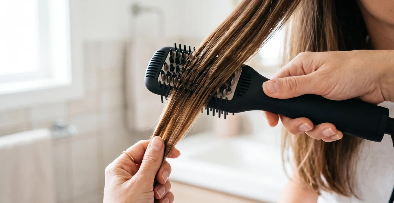 Gros plan sur une main glissant un lisseur sèche-cheveux 2-en-1 le long d'une mèche de cheveux.