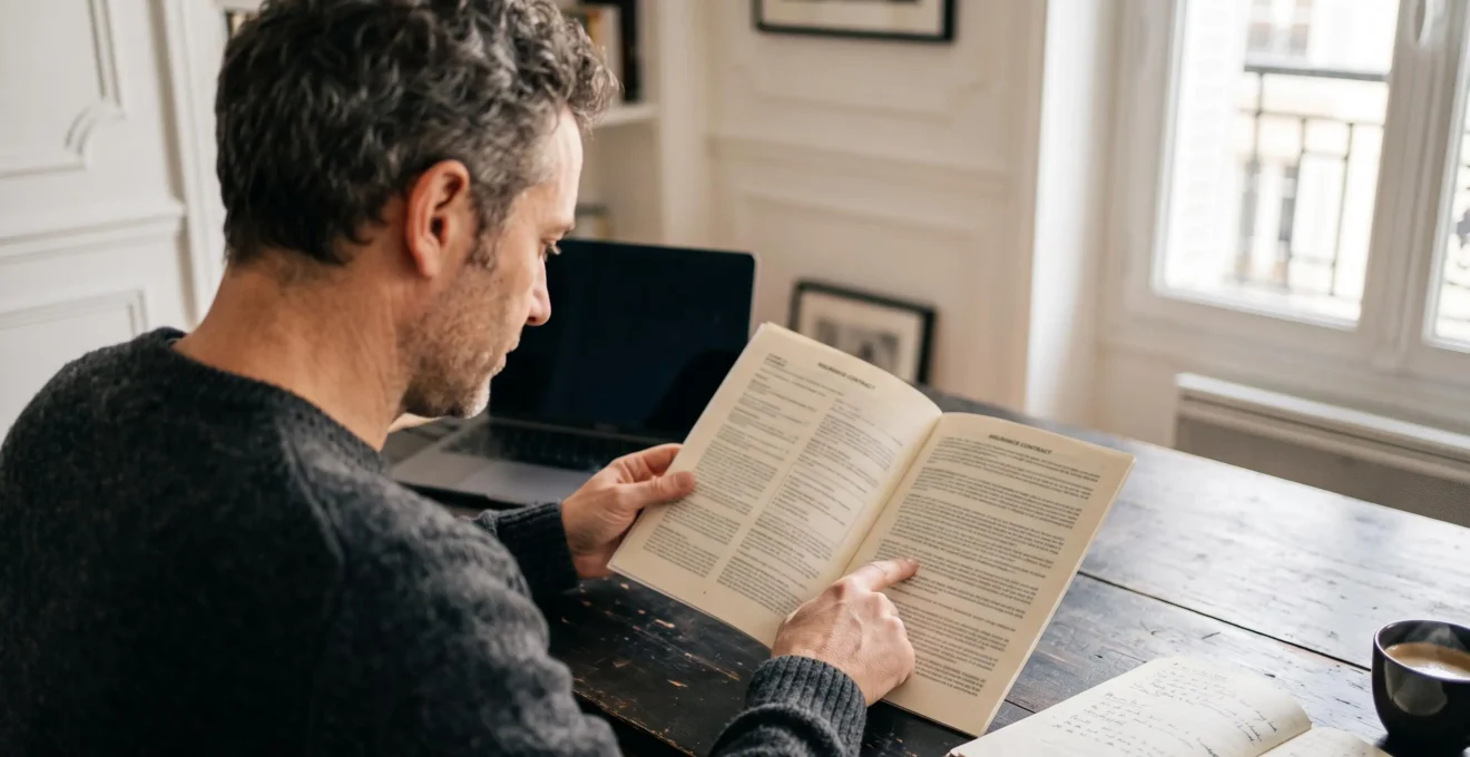 Un homme compare à son domicile deux contrats d'assurance annulation ouverts côte à côte sur son bureau.