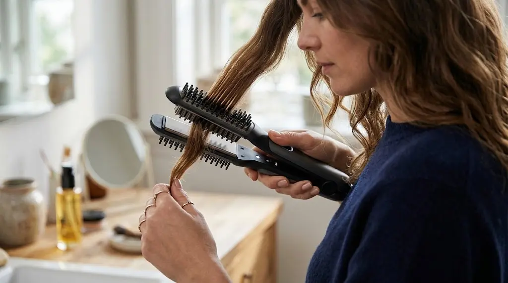Gros plan sur une main glissant un lisseur sèche-cheveux 2-en-1 le long d'une mèche de cheveux.