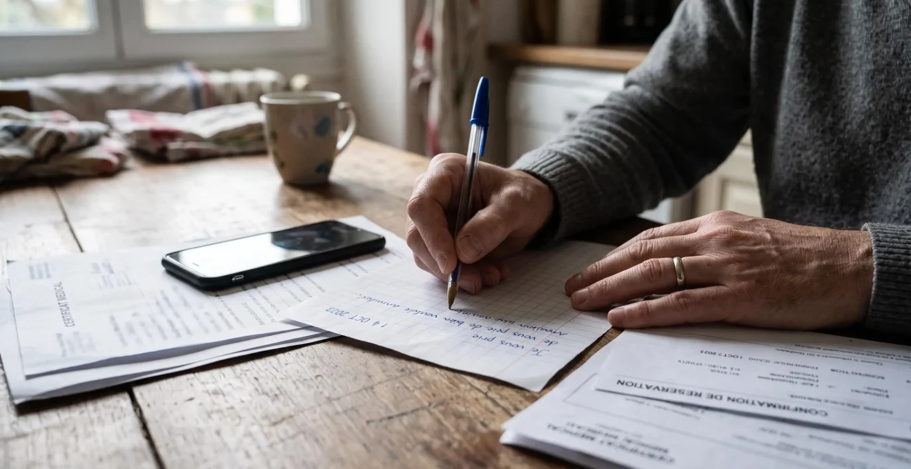 Une personne date à la main un courrier de déclaration d'annulation posé sur une table avec des justificatifs et un téléphone.