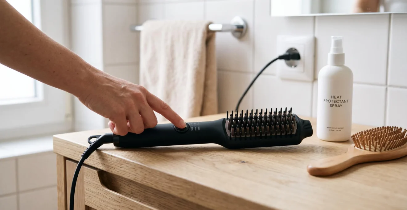 Une main règle le bouton de température d'un lisseur sèche-cheveux posé sur un meuble de salle de bains.