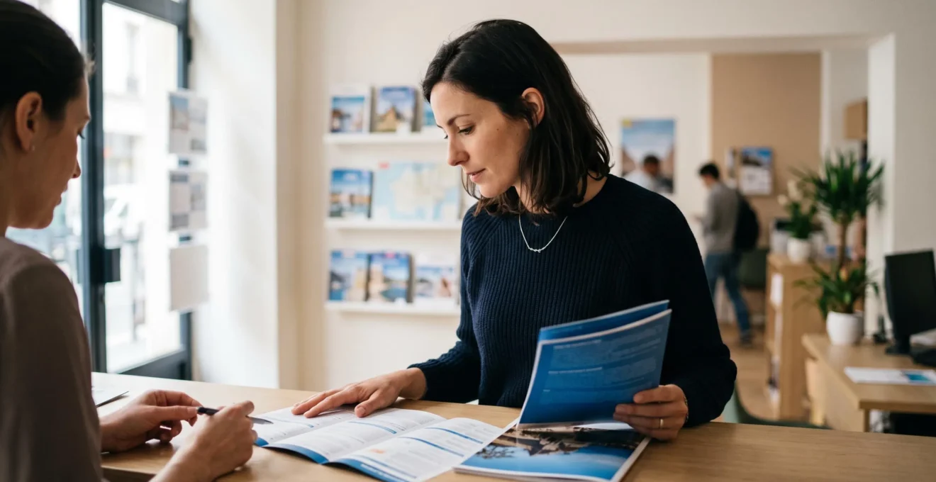 Une voyageuse vérifie avec un conseiller les documents de réservation et la brochure d'assurance annulation au comptoir d'une agence de voyages.