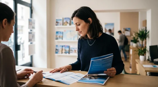 Une voyageuse vérifie avec un conseiller les documents de réservation et la brochure d'assurance annulation au comptoir d'une agence de voyages.